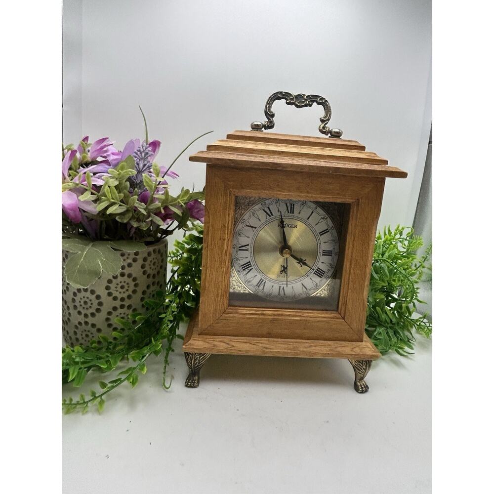 VTG Mantel Lion Footed Clock Solid Wood Kruger Quartz Mvmt Works 8.5” T